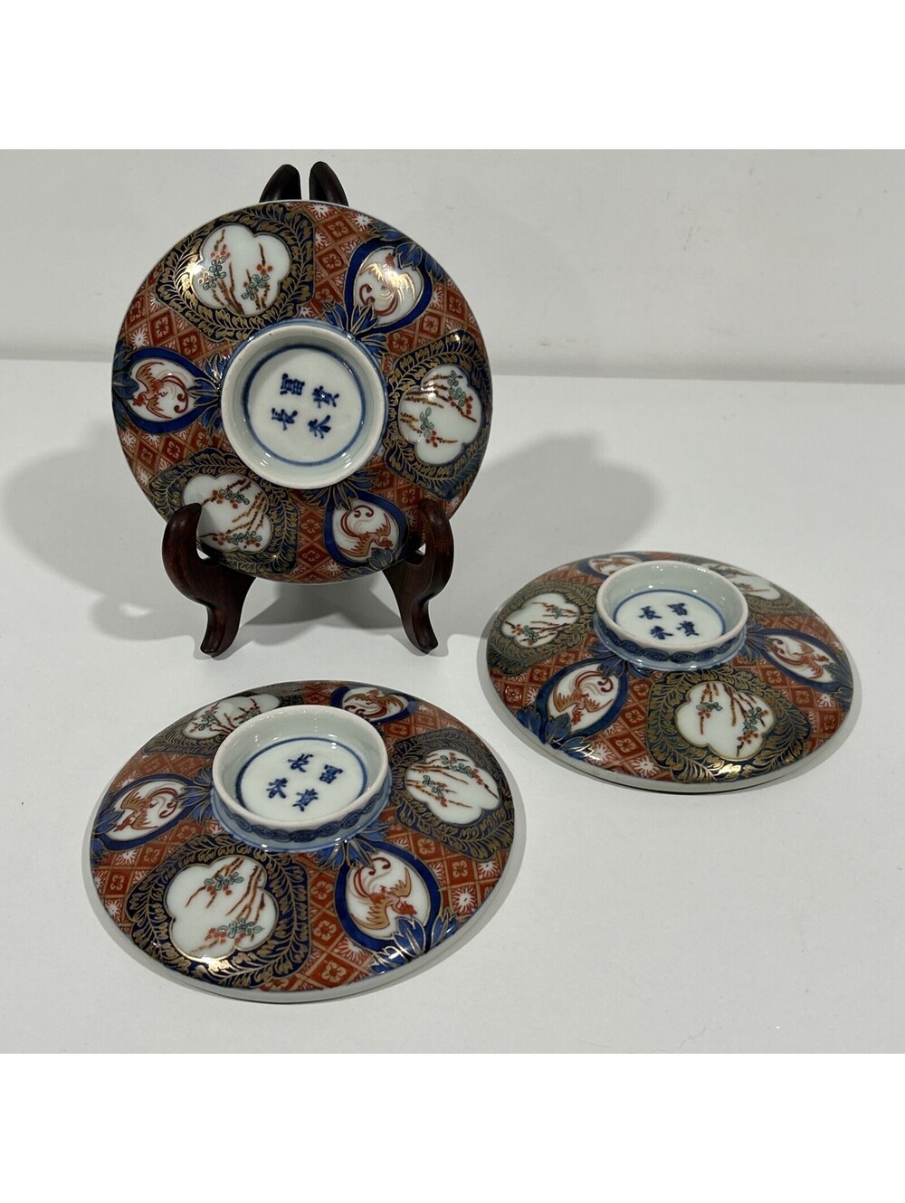 Antique Japanese Imari Porcelain Bowl Lid Set of 3 Meiji Era 13cm Fuki Choshun